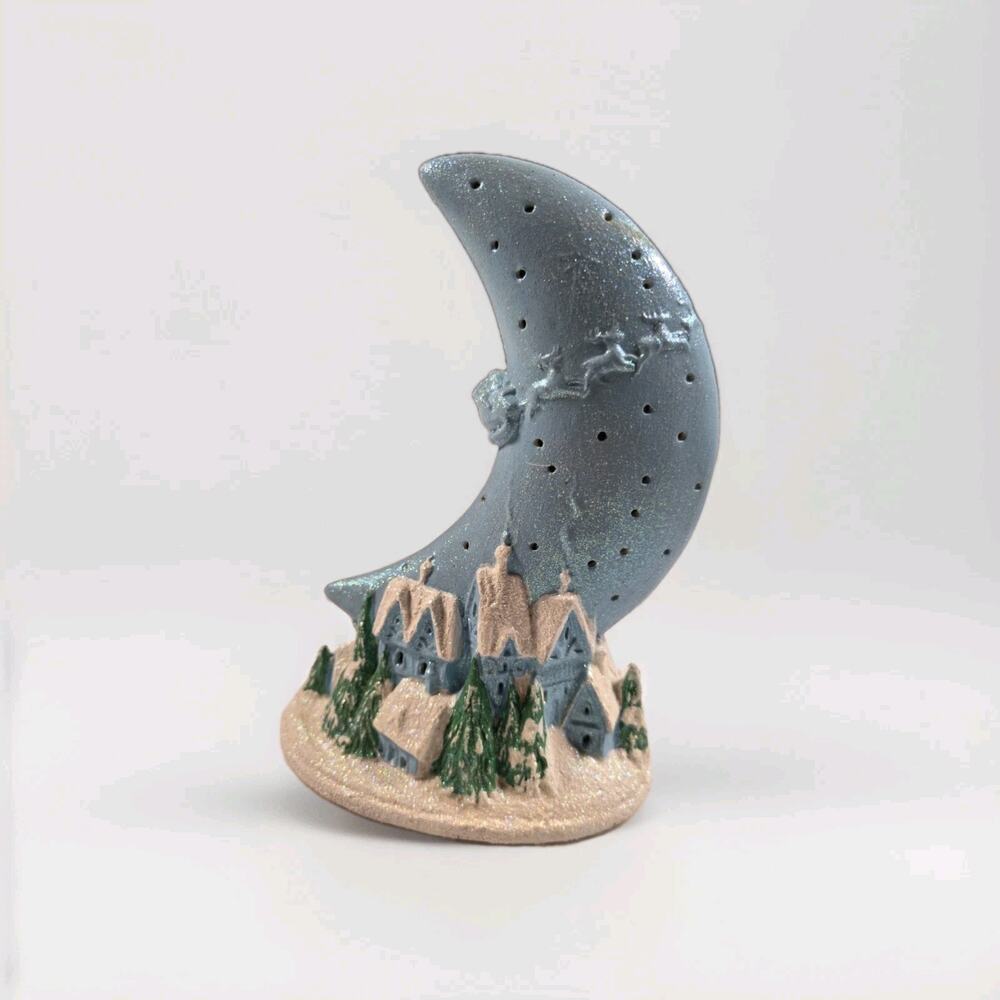 Lighted Crescent Moon Christmas Village Lamp Glitter Snow Ceramic Night Light